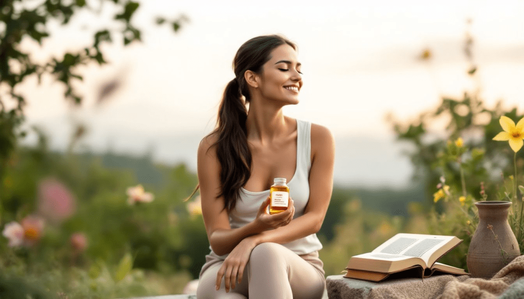 A woman enjoying a healthy lifestyle, possibly consuming a tongkat ali supplement.