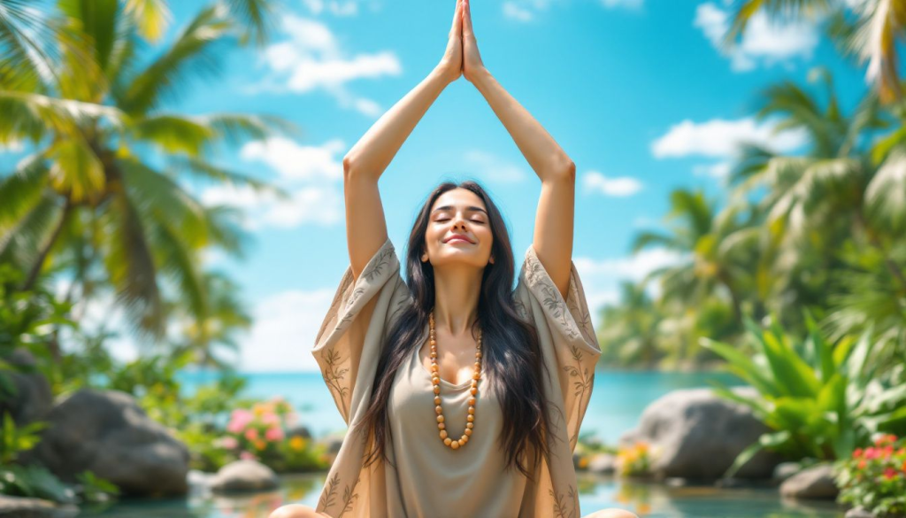 A serene image of a woman practicing yoga, representing hormonal balance and well-being.